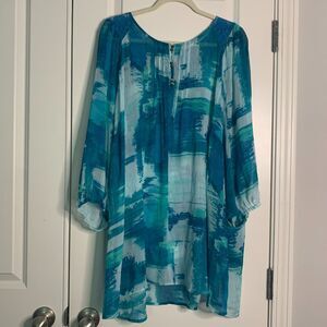 avenue Women Top 30/32 Blue Sheer Raglan Lace Tunic Beach Resort Vacation